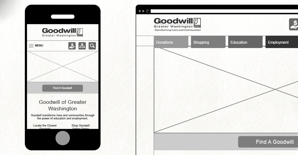Mobile menu interface and breakpoint wireframe.