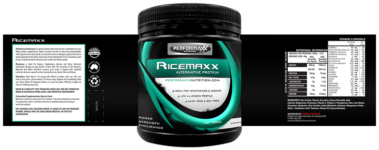 Performaxx Nutrition - Ricemaxx, Front & Back Label Details